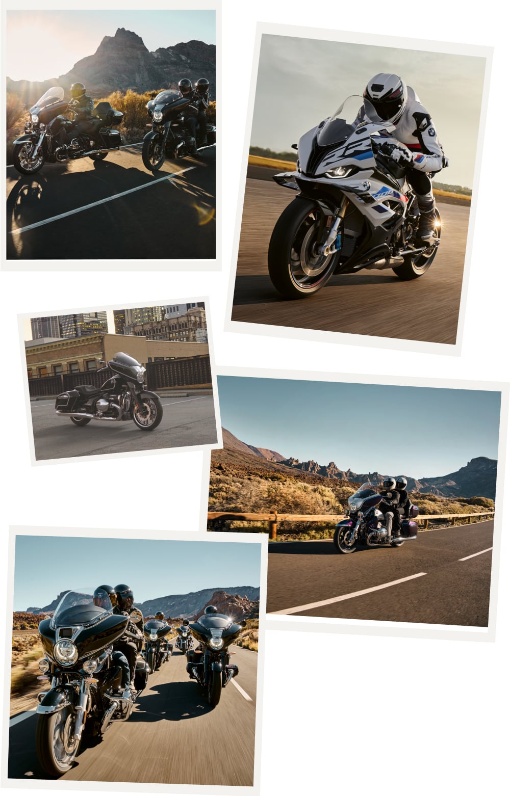 Collage of motorcyclist riding outside various locations and various models of motorcycles